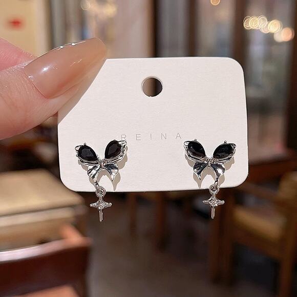 Gothic Black Butterfly Bow Dangling Cross Charm Earrings - Picture 2 of 5